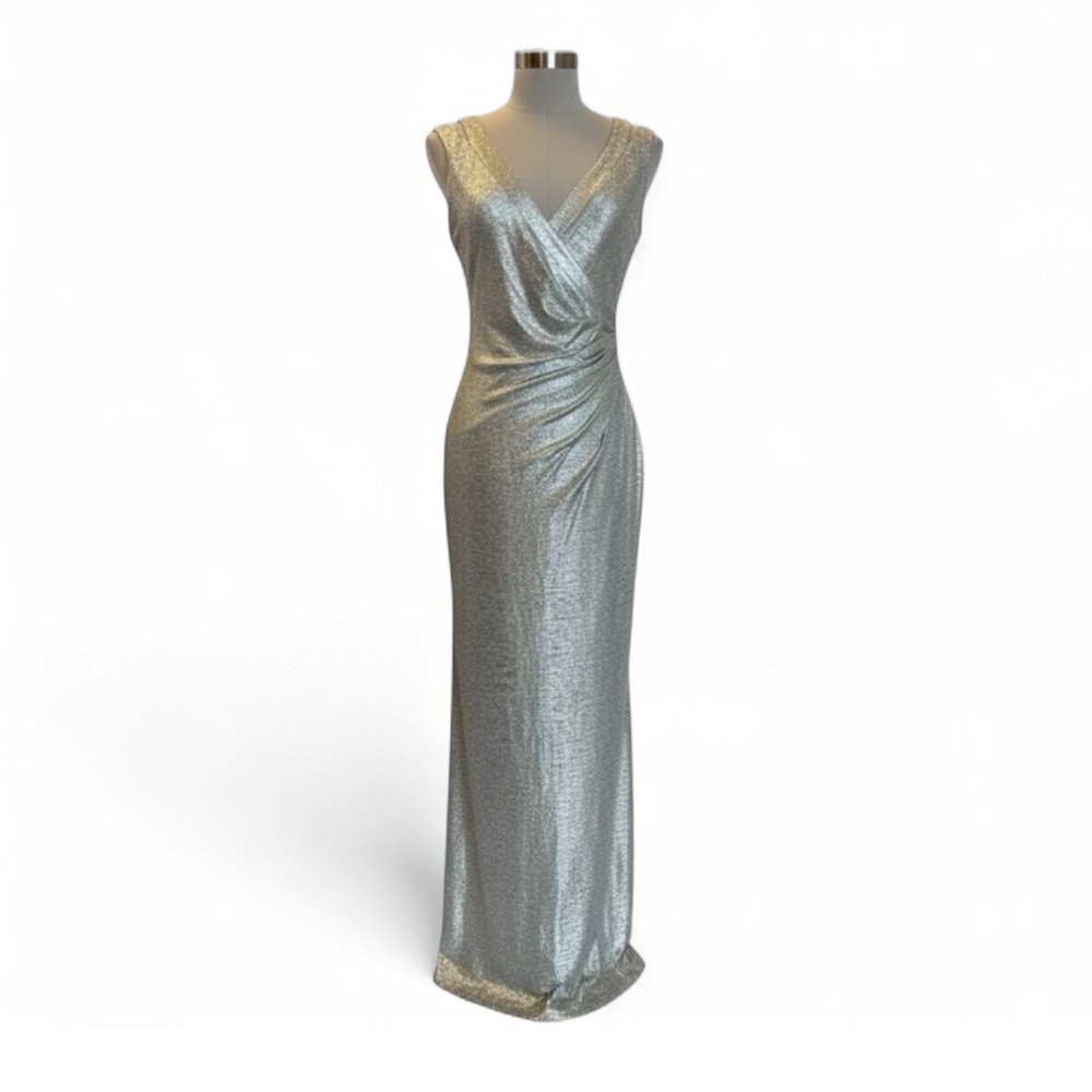 Lauren Ralph Lauren Metallic Silver Draped V Neck Maxi Gown Ruched Bodycon 14